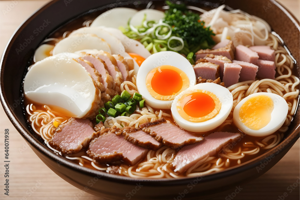 Homemade ramen soup with meat, seaweed and egg pieces, a savory Asian curry dish Homemade ramen soup with meat, seaweed and egg pieces, a savory Asian curry dish