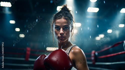 athletic woman in a boxing ring with boxing gloves and in a fighting stance with a focused gaze, created by AI © MYKHAILO KUSHEI