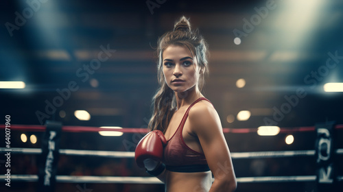 athletic woman in a boxing ring with boxing gloves and in a fighting stance with a focused gaze, created by AI