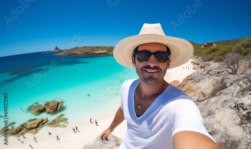 A dashing tourist stands prominently against a breathtaking beach backdrop