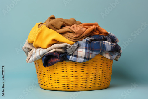 Yellow plastic laundry basket full of clothes