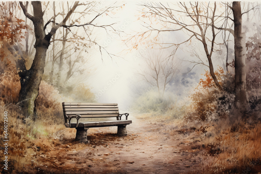 Bench in garden style dry painting.