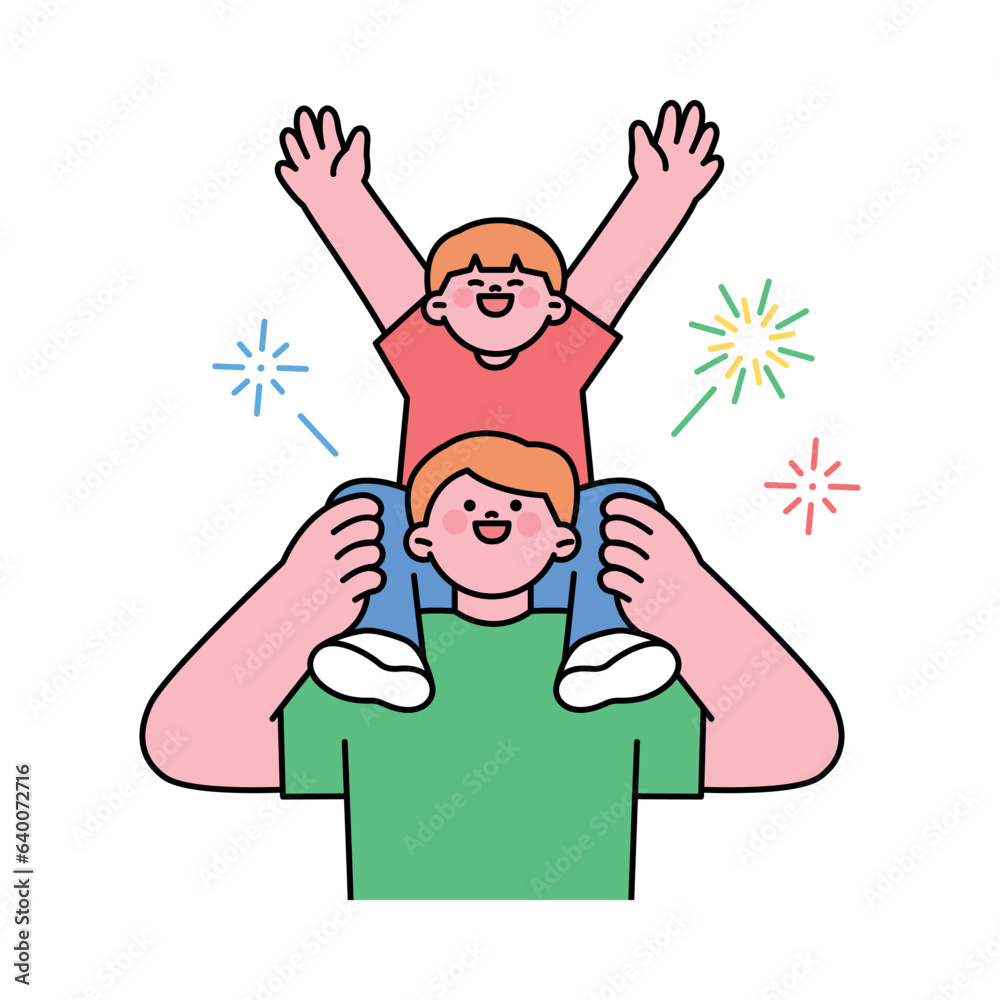 Festival. A father holds his child on his shoulders and enjoys a fireworks display. Festival. A father holds his child on his shoulders and enjoys a fireworks display.