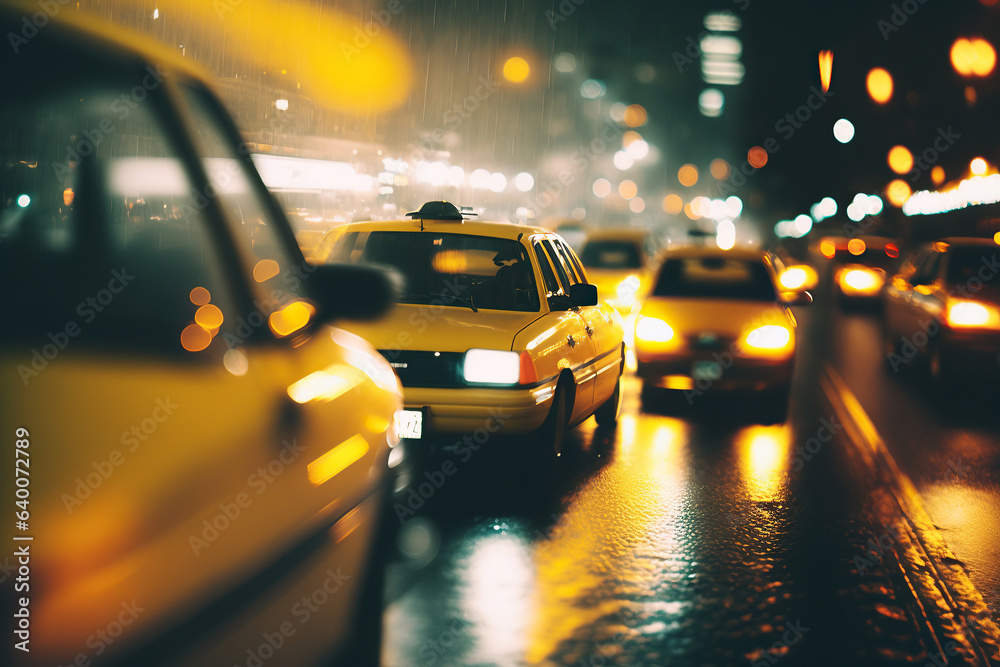 ai generated Illustration night city taxi driver, rain, lighting street. Yellow car
