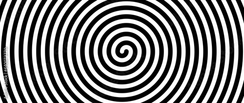 Hypnotic spirals background. Radial optical illusion. Black and white swirl tunnel wallpaper. Spinning concentric circles. Vortex design for poster, banner, flyer. Vector horizontal illustration