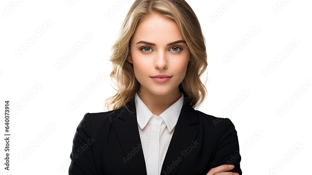 Portrait of a self-assured female white collar worker with her arms crossed. A lovely businesswoman with long brown hair. She is set against a white backdrop. generative ai Portrait of a self-assured female white collar worker with her arms crossed. A lovely businesswoman with long brown hair. She is set against a white backdrop. generative ai