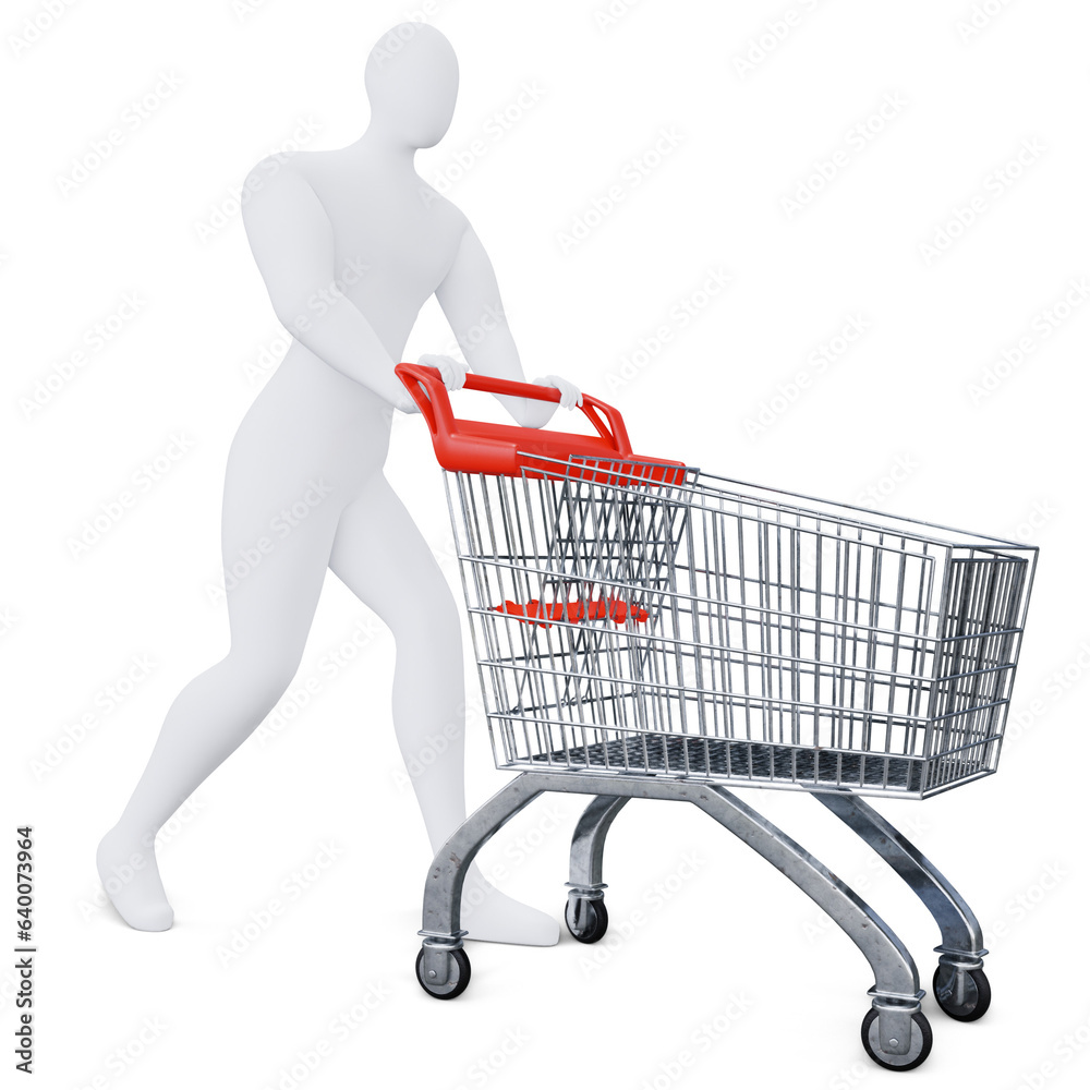 The 3d Human Is Pushing the Shopping Cart Energetically. 3d Shopping Concept. The 3d Human Is Pushing the Shopping Cart Energetically. 3d Shopping Concept.