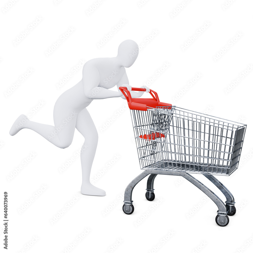 The 3d Human Is Pushing the Shopping Cart Energetically. 3d Shopping Concept. The 3d Human Is Pushing the Shopping Cart Energetically. 3d Shopping Concept.