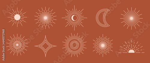 Boho style linear stars and twinkles collection. Terracotta starbursts design elements. Bohemian decorative ornamental shapes set for badge, icon, card, poster, banner, emblem, label. Vector pack