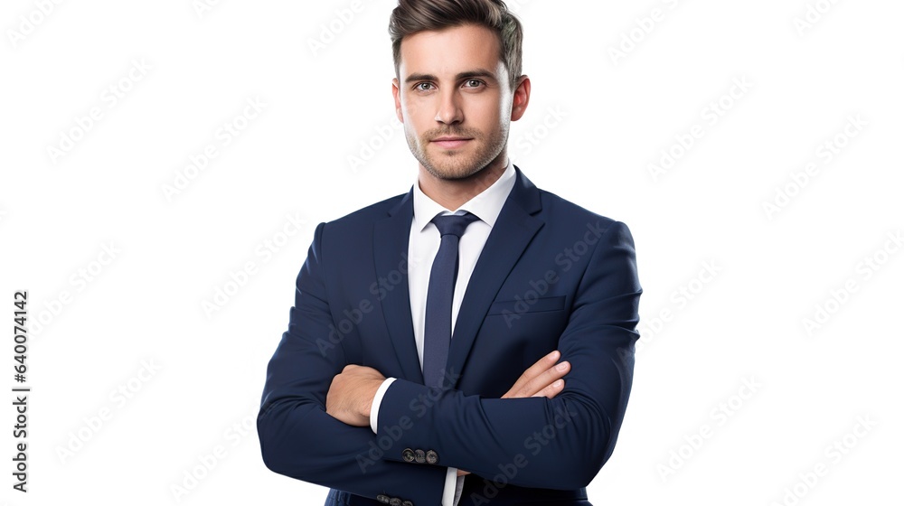 Handsome businessman standing with her arms crossed, looking at the camera against a white studio background. Handsome businessman standing with her arms crossed, looking at the camera against a white studio background.