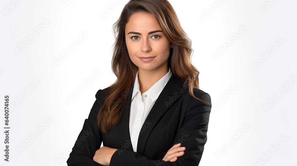 Portrait of a businesswoman standing with her arms crossed, looking at the camera against a white studio background. Portrait of a businesswoman standing with her arms crossed, looking at the camera against a white studio background.