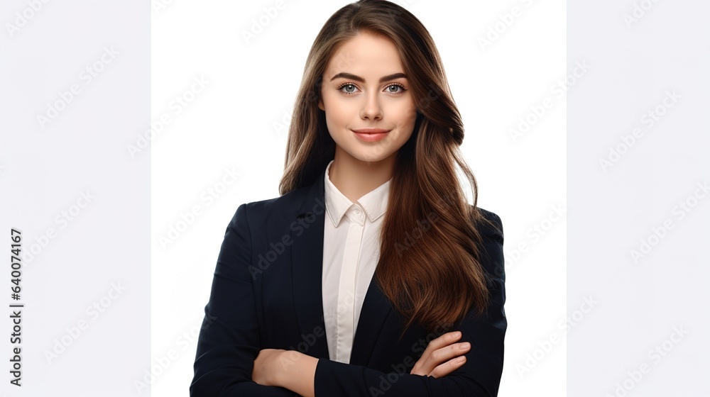 Portrait of a businesswoman standing with her arms crossed, looking at the camera against a white studio background. Portrait of a businesswoman standing with her arms crossed, looking at the camera against a white studio background.