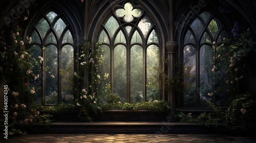 Interior of a Gothic building featuring elaborate window designs and shadowy elements that create an atmosphere of eerie grandiosity. captures the essence of Gothic mystery. Generative ai