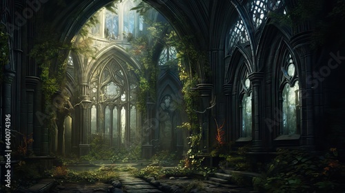 Interior of a Gothic building featuring elaborate window designs and shadowy elements that create an atmosphere of eerie grandiosity. captures the essence of Gothic mystery. Generative ai