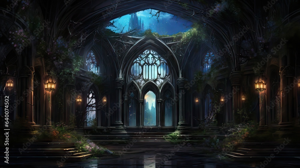Interior of a Gothic building featuring elaborate window designs and shadowy elements that create an atmosphere of eerie grandiosity. captures the essence of Gothic mystery. Generative ai