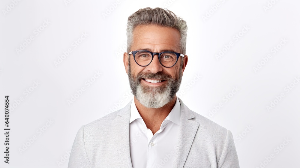 Portrait of a mature entrepreneur with spectacles. Isolated on white background, a male professional is dressed in business attire. generative ai Portrait of a mature entrepreneur with spectacles. Isolated on white background, a male professional is dressed in business attire. generative ai