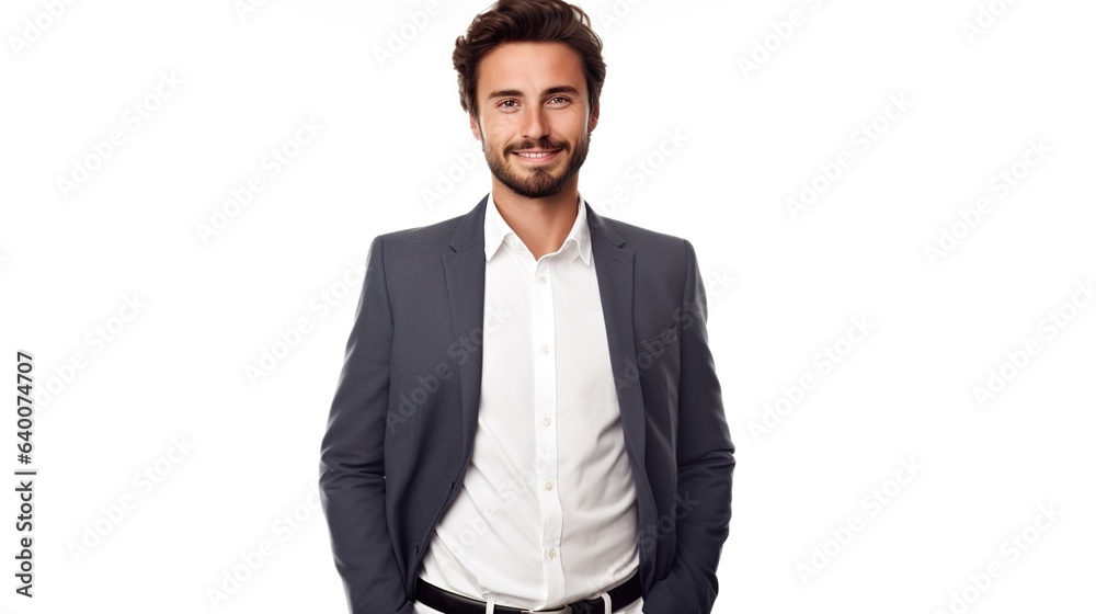 Confident Businessman in a Suit, Standing and Smiling, Symbolizing Success and Professionalism Confident Businessman in a Suit, Standing and Smiling, Symbolizing Success and Professionalism