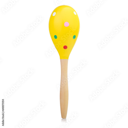 Wooden colored baby rattle isolated on a white background. Bright maracas for a child. Toys for concentration of attention