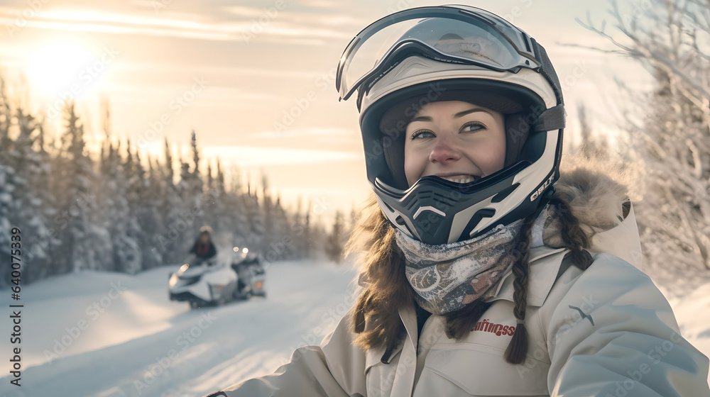 Close up portrait of woman wearing protective helmet and ski goggles riding snowmobiles along snowy icy road in wintertime