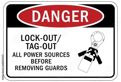 Multiple power source electrical warning sign and labels lock out tag out all power sources before removing guards