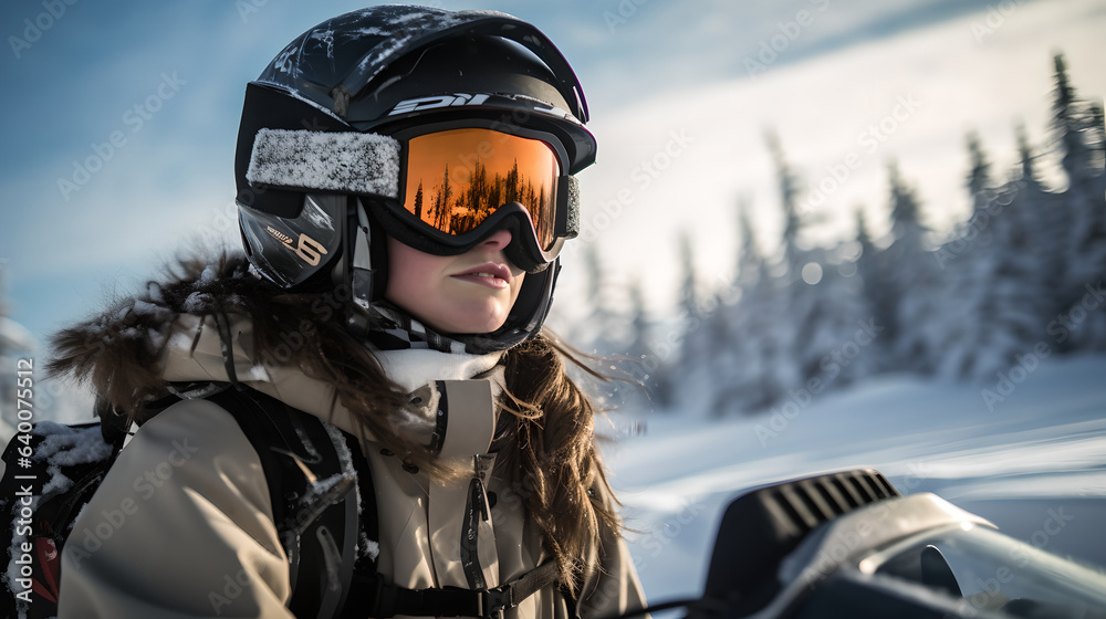 Close up portrait of woman wearing protective helmet and ski goggles riding snowmobiles along snowy icy road in wintertime