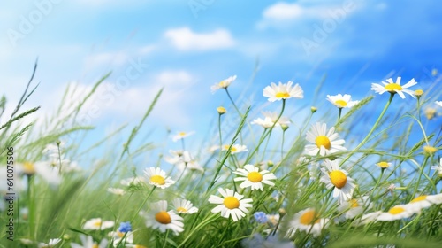 Flowers in a field of chamomile and blue wild peas against a blue sky with clouds in the morning. Nature landscape, macro shot. © ND STOCK