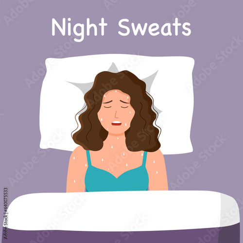 Young woman lying in a bed experienced night sweats. Female hormone imbalance symptom. photo