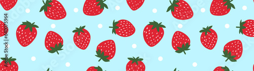 Seamless vector pattern with red strawberries on a blue background with spots in a flat style. Ideal for print, wrapping paper, wallpaper, fabric, design.