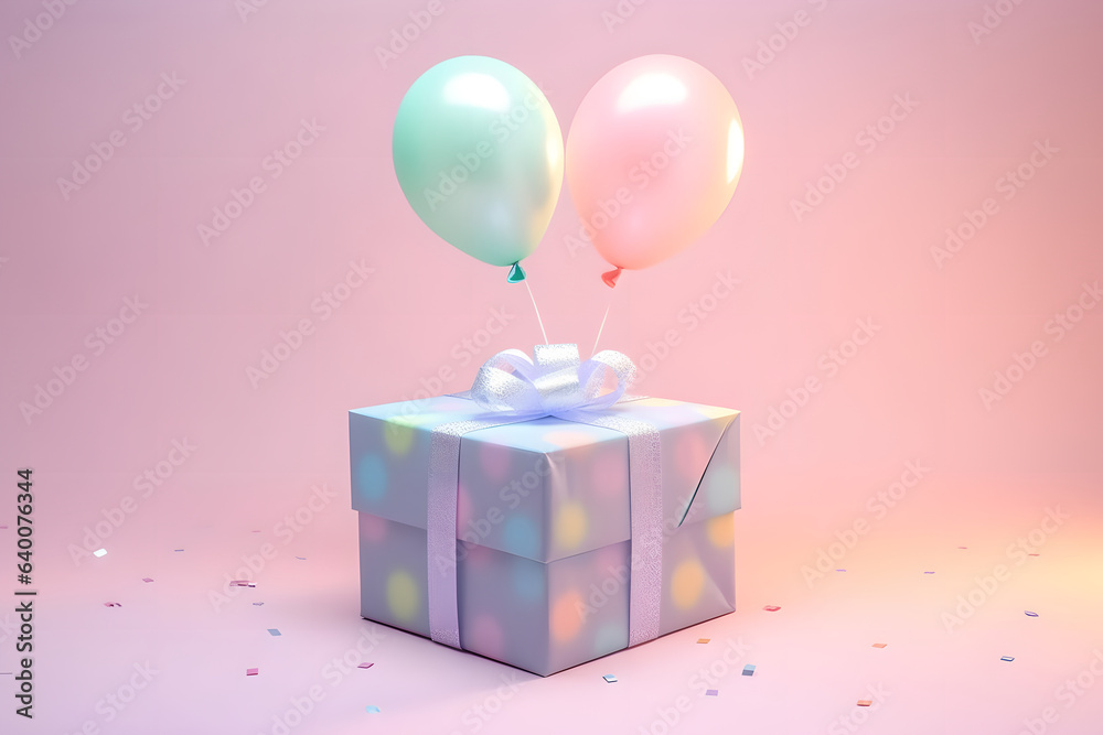Gift or present present box with balloons and confetti on pink pastels for birthday party background in pastel color