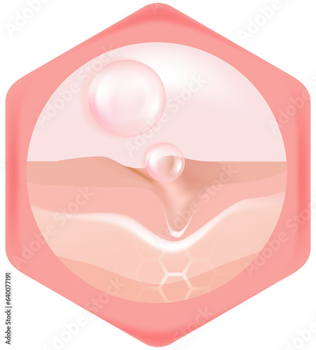 Hyaluronic acid hair and skin solutions, pink collagen serum drop into skin cells.