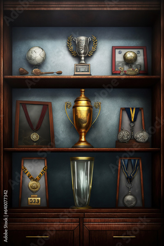 ai generated Illustration trophies display in a shelf .