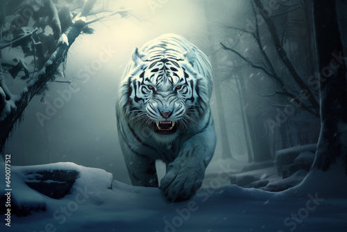 Fierce white Tiger white tiger on snow photo