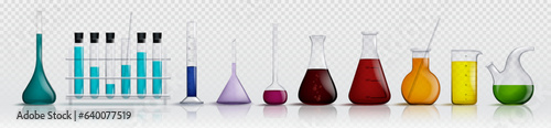 Glass laboratory chemical measuring flasks and test tubes with colorful liquids in realistic vector illustration set. Lab glassware and containers with chemicals. Scientific or medical equipment. photo