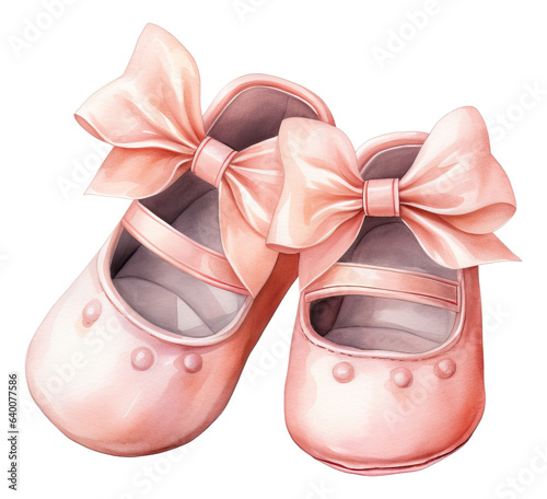 Watercolor pink baby shoes with a bow isolated.