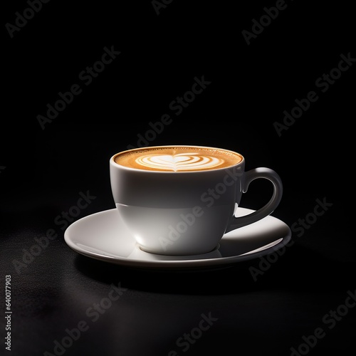 White Cup of coffee with white saucer on black studio theme background