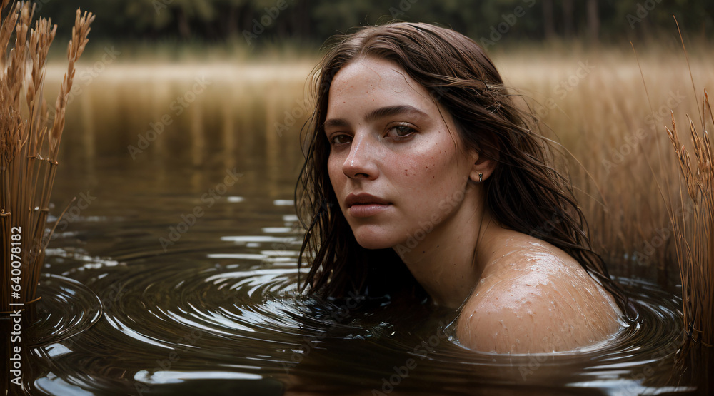 Close-up portrait of a beautiful woman bathing in a river