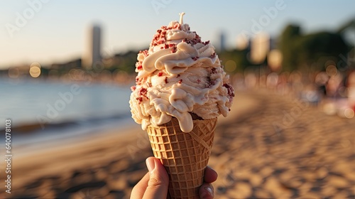 Tasty melted cherry ice cream in a waffle cone in the female hand against the background of the beach at sunset. Vacation concept. Copyspace