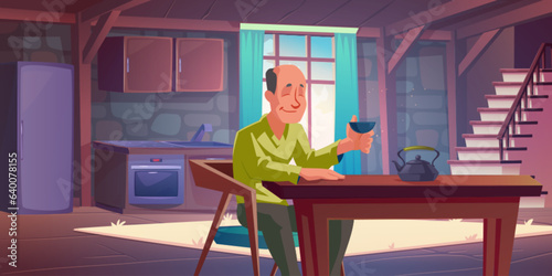 Asian man drinking tea in morning kitchen. Vector cartoon illustration of dining room interior with old furniture, male character sitting at table with cup in hand and smiling, having breakfast alone