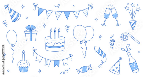 Birthday doodle icon element. Hand drawn sketch doodle birthday cake, balloon, event decoration element. Party, carnival celebration concept background. Vector illustration.