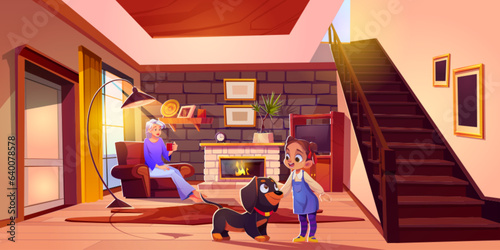 Mother, daughter and dog in living room. Vector cartoon illustration of young woman sitting in armchair with cup, little girl playing with pet, fire burning in fireplace, home atmopshere, family time