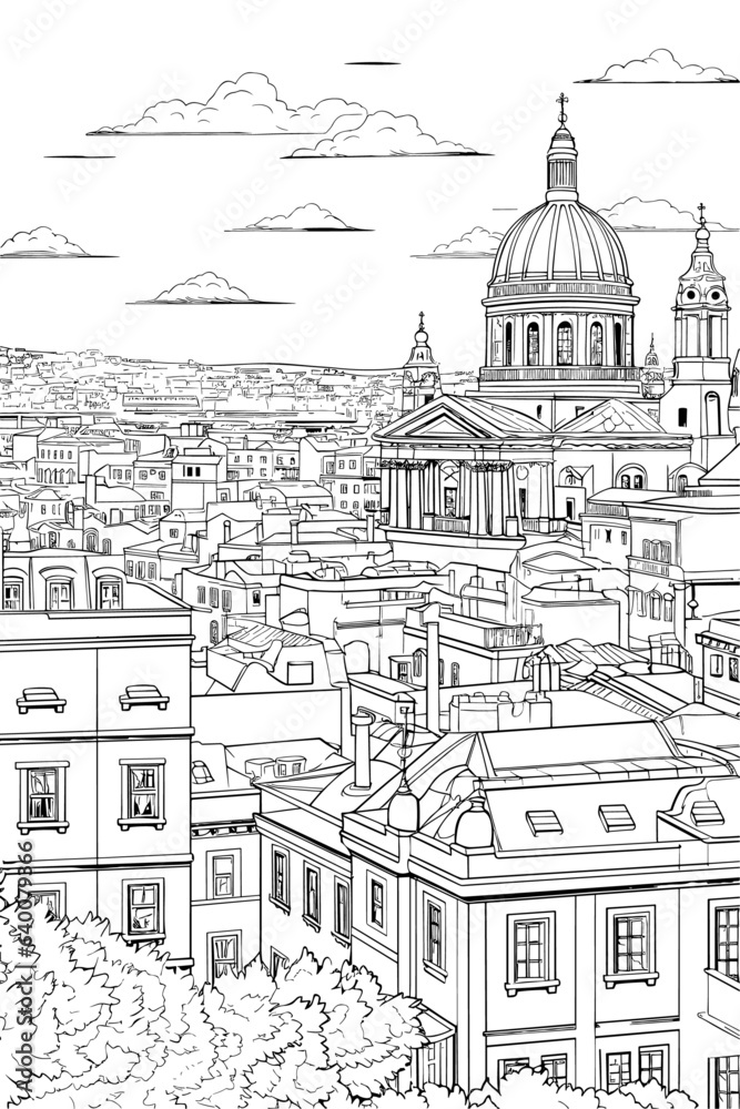 Portugal Lisbon cityscape black and white coloring page for adults. European city buildings, street, landmarks vector outline doodle sketch for anti stress color book