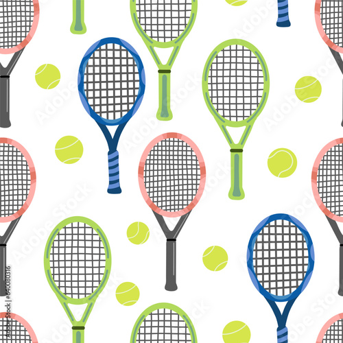 Seamless pattern with tennis racket and ball on white. Sport endless background