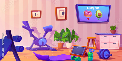 Home gym room for yoga and sport exercise vector background. Fitness studio inside house with mat, dumbbell, elliptical trainer and drawers. Apartment with abdominal equipment and tv graphic design