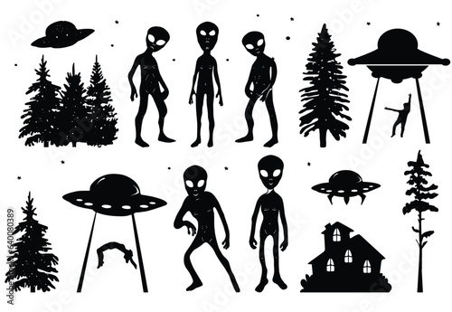 Silhouette of ufo vector. Silhouette of spaceship, christmas trees, aliens vector set