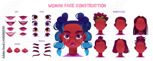 Girl face construction kit - cartoon facial parts for creation african female child avatars with different nose, eyes and brows, hair. Vector of black skin head elements set for kid face generator.