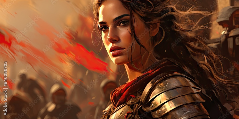 illustration of a female general in ancient battle dress, generative AI - obrazy, fototapety, plakaty 