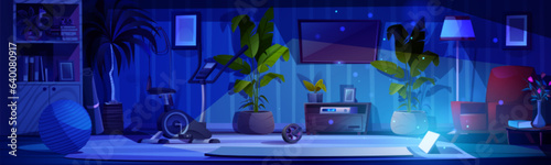 Home sport gym interior at night cartoon vector background. Fitness exercise equipment in dark house room with tv and tablet. Indoor gymnasium studio for muscle workout with mat, wheel and bike