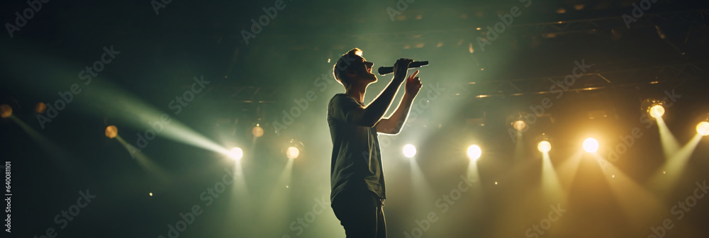 An Emotive Scene Of A Singer Holding A Microphone Stand And Performing On Stage, Fully Immersed In The Performance, Pouring Out Emotions And Connecting With The Audience