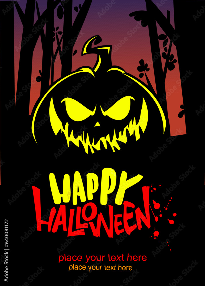 Illustration of Halloween party poster or invitation with cartoon scary jack-o-lantern curved pumpkin head on it.  Vector isolated