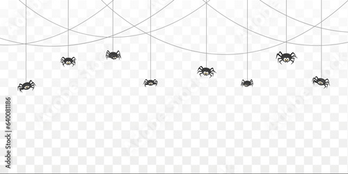 Halloween spider border with funny insects and cobweb. Cartoon black scary characters with eyes hanging on strings down the tangled webs. Vector spinner personages and spiderwebs monochrome frame